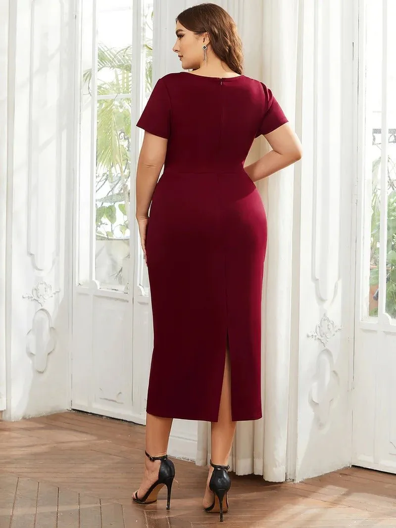 Plus Size Deep V Neck Short Sleeve Cocktail Dresses With Belt