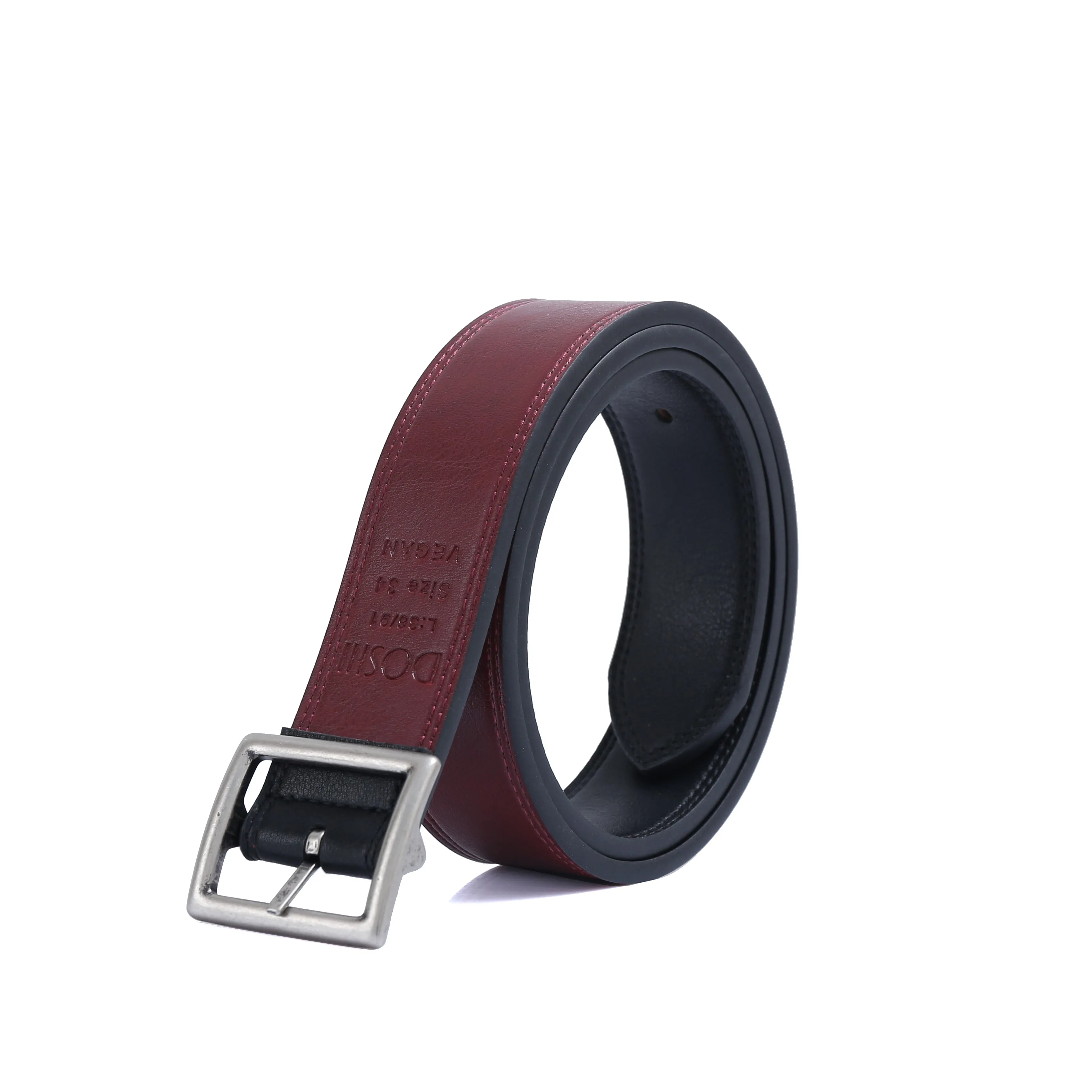 PRE-ORDER NOW! Center Bar Reversible Vegan Belt with Antique Silver Brass Buckle - Black / Burgundy