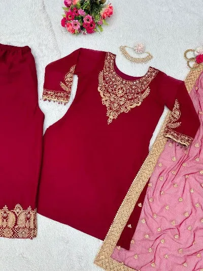 Red Georgette Thread With 9MM Sequence Work Palazzo Suit Set