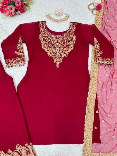 Red Georgette Thread With 9MM Sequence Work Palazzo Suit Set