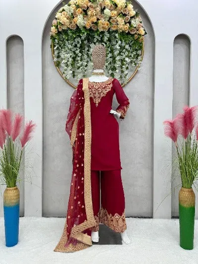 Red Georgette Thread With 9MM Sequence Work Palazzo Suit Set