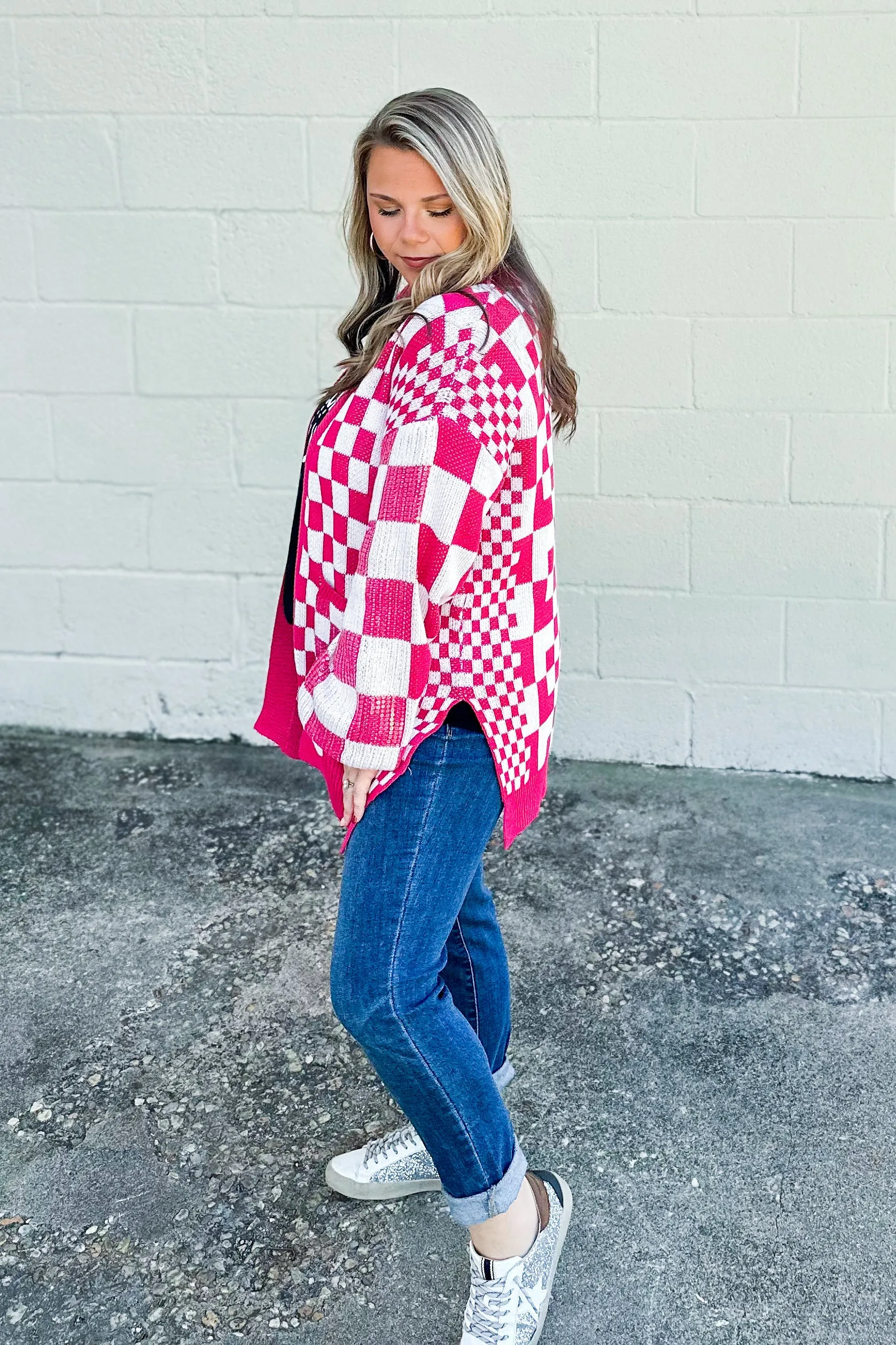 RESTOCK | Easily Distracted Checkered Cardigan, Pink