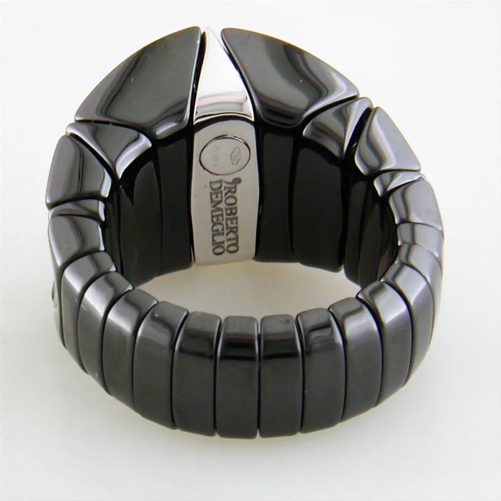 Roberto Demeglio Diva Elastic Stretch Ring in Black Shiny Ceramic with Concave Diamonds