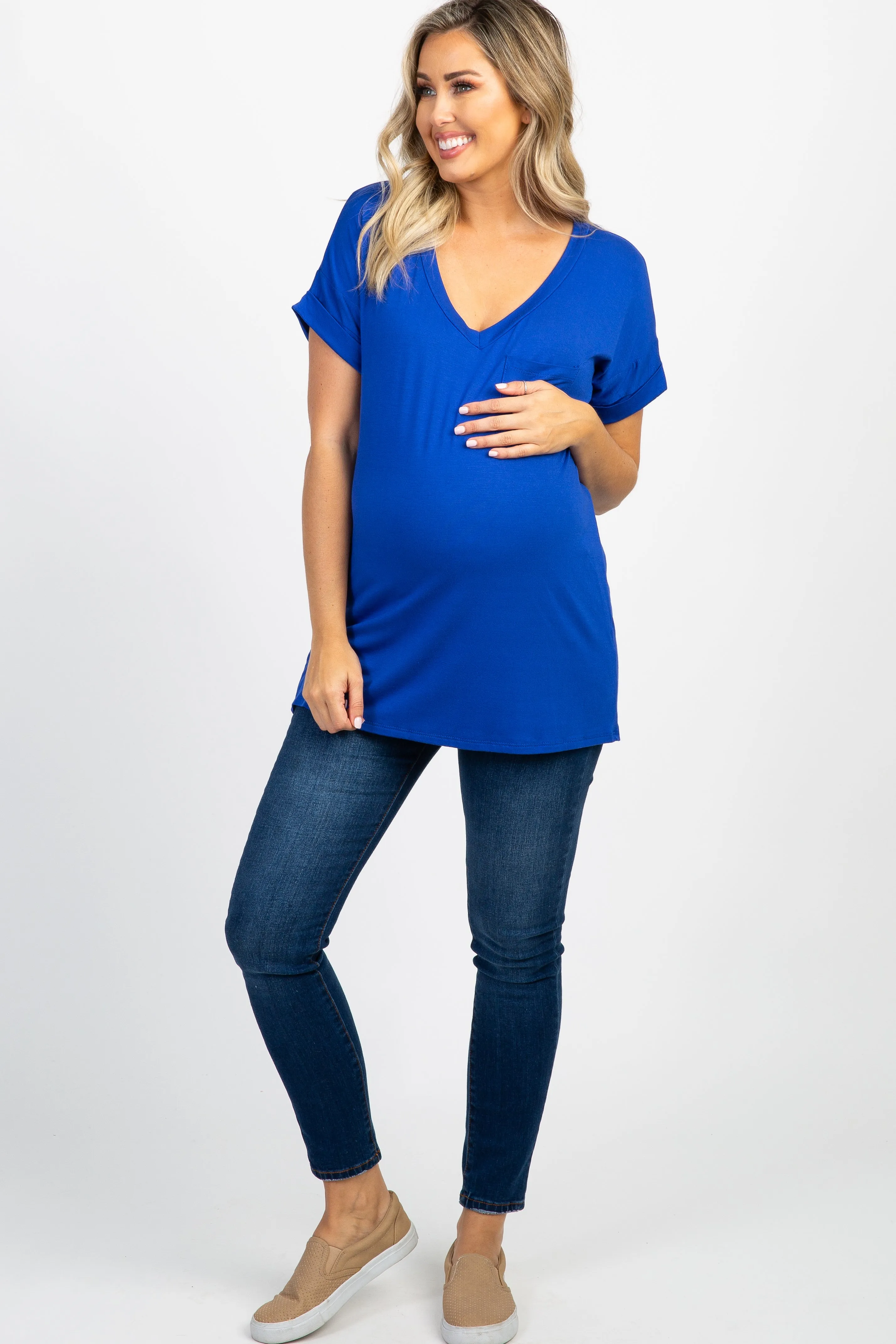 Royal Blue V-Neck Pocket Accent Maternity Top