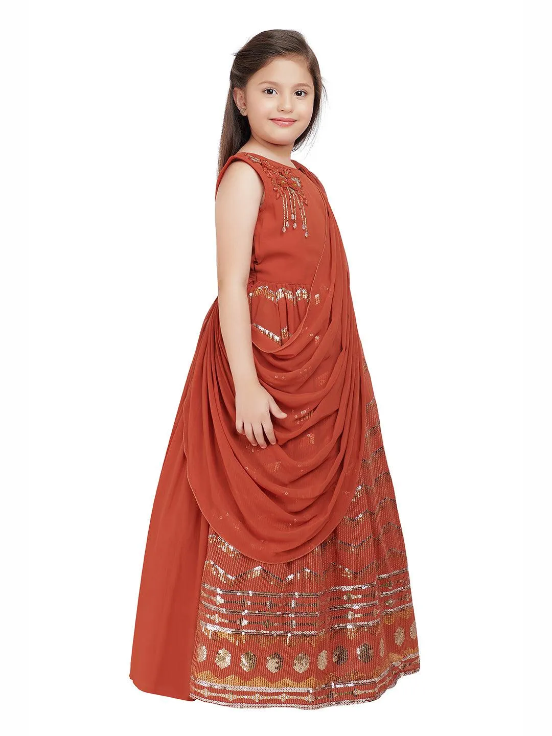 Rust Embellished Georgette With Saree Style Dupatta Attached Gown For Girls