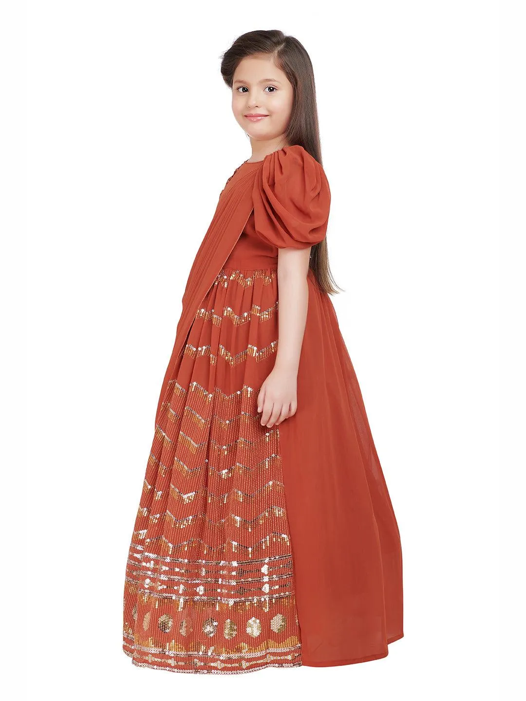 Rust Embellished Georgette With Saree Style Dupatta Attached Gown For Girls