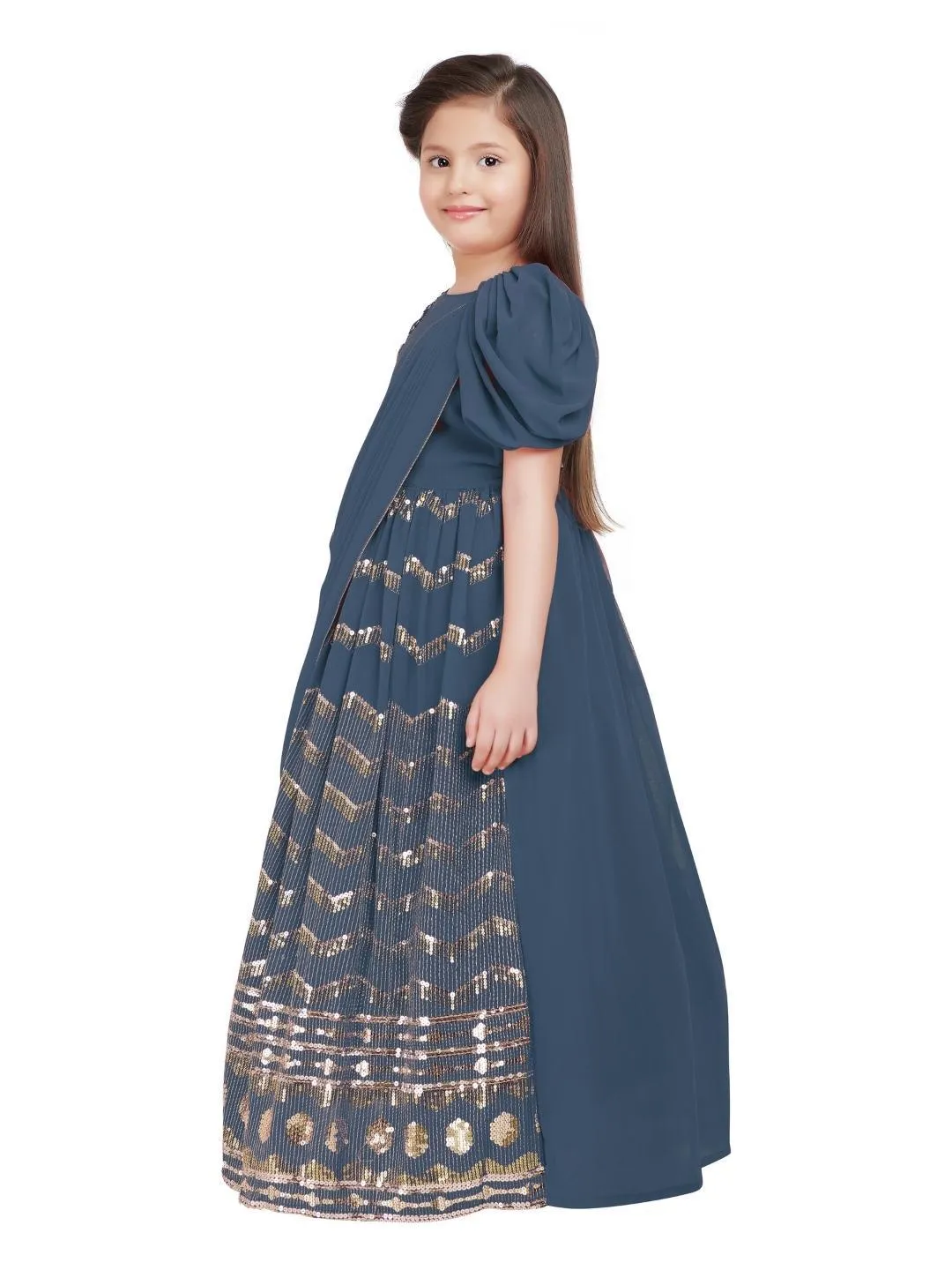 Rust Embellished Georgette With Saree Style Dupatta Attached Gown For Girls