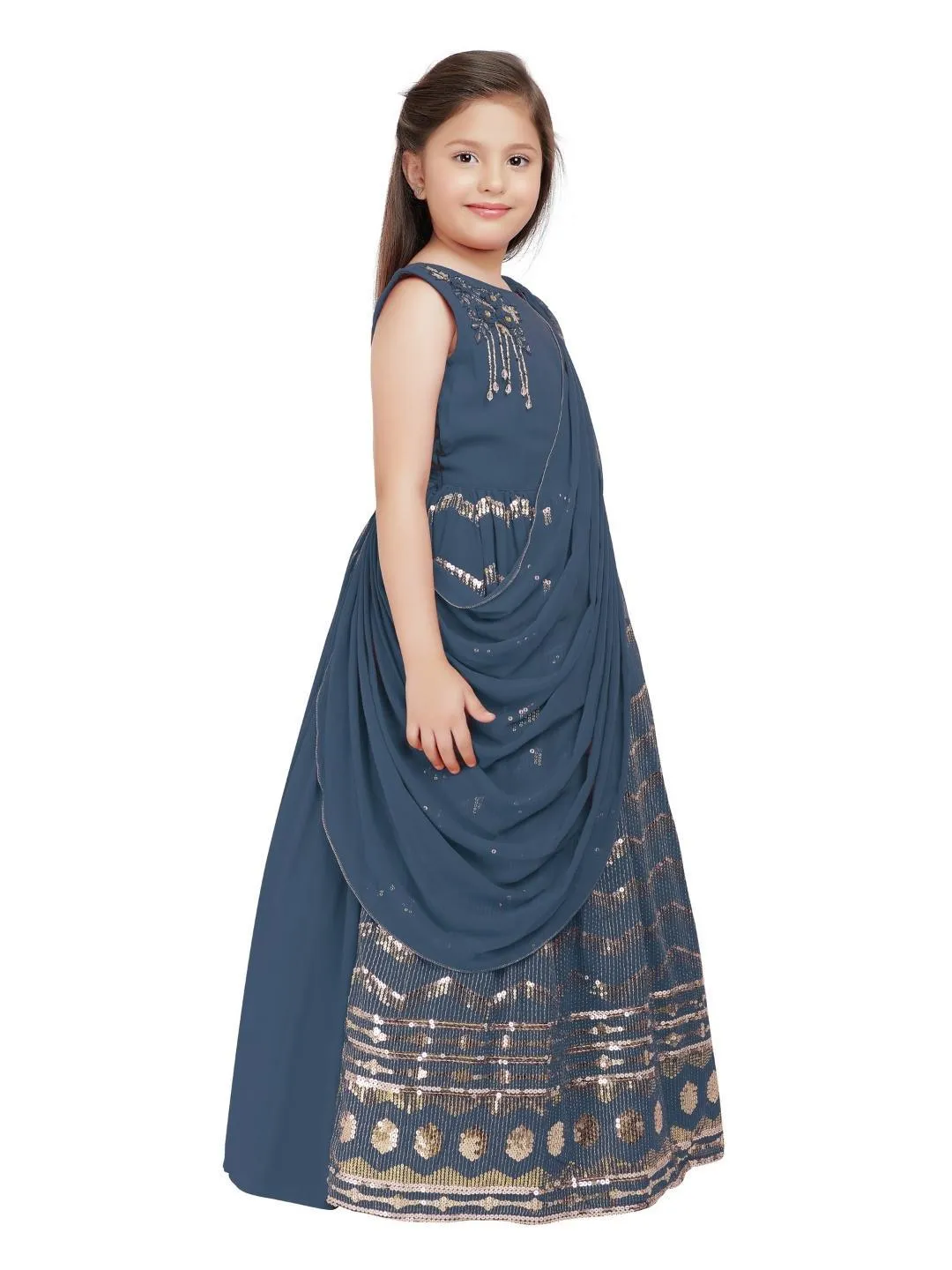 Rust Embellished Georgette With Saree Style Dupatta Attached Gown For Girls