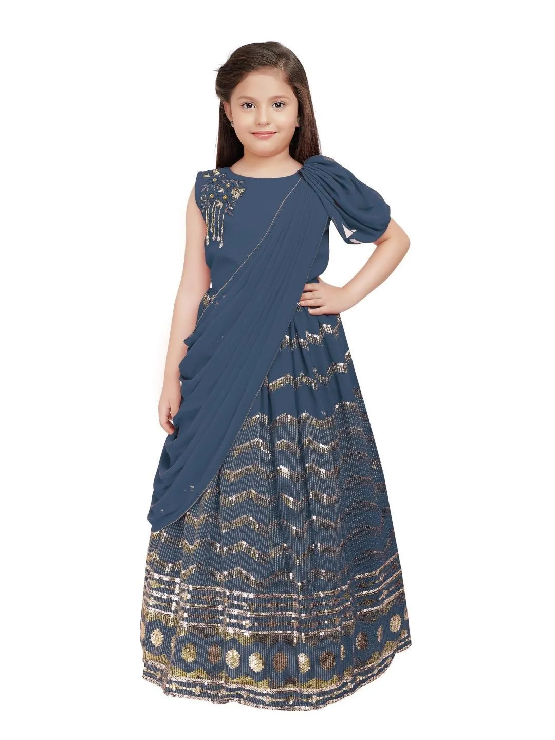 Rust Embellished Georgette With Saree Style Dupatta Attached Gown For Girls