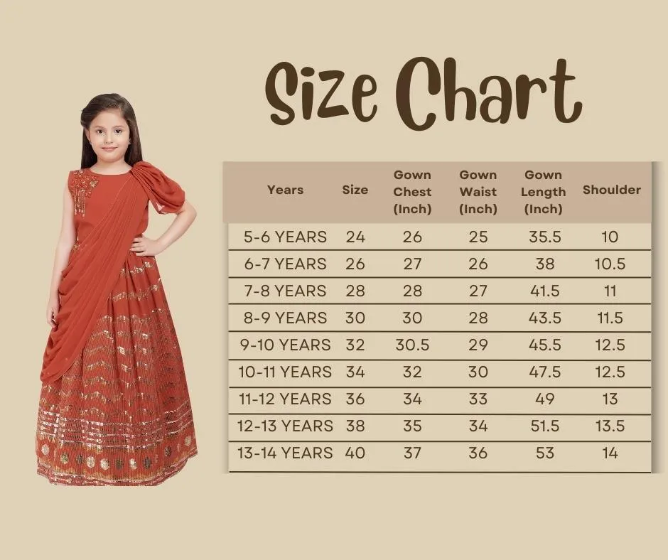 Rust Embellished Georgette With Saree Style Dupatta Attached Gown For Girls