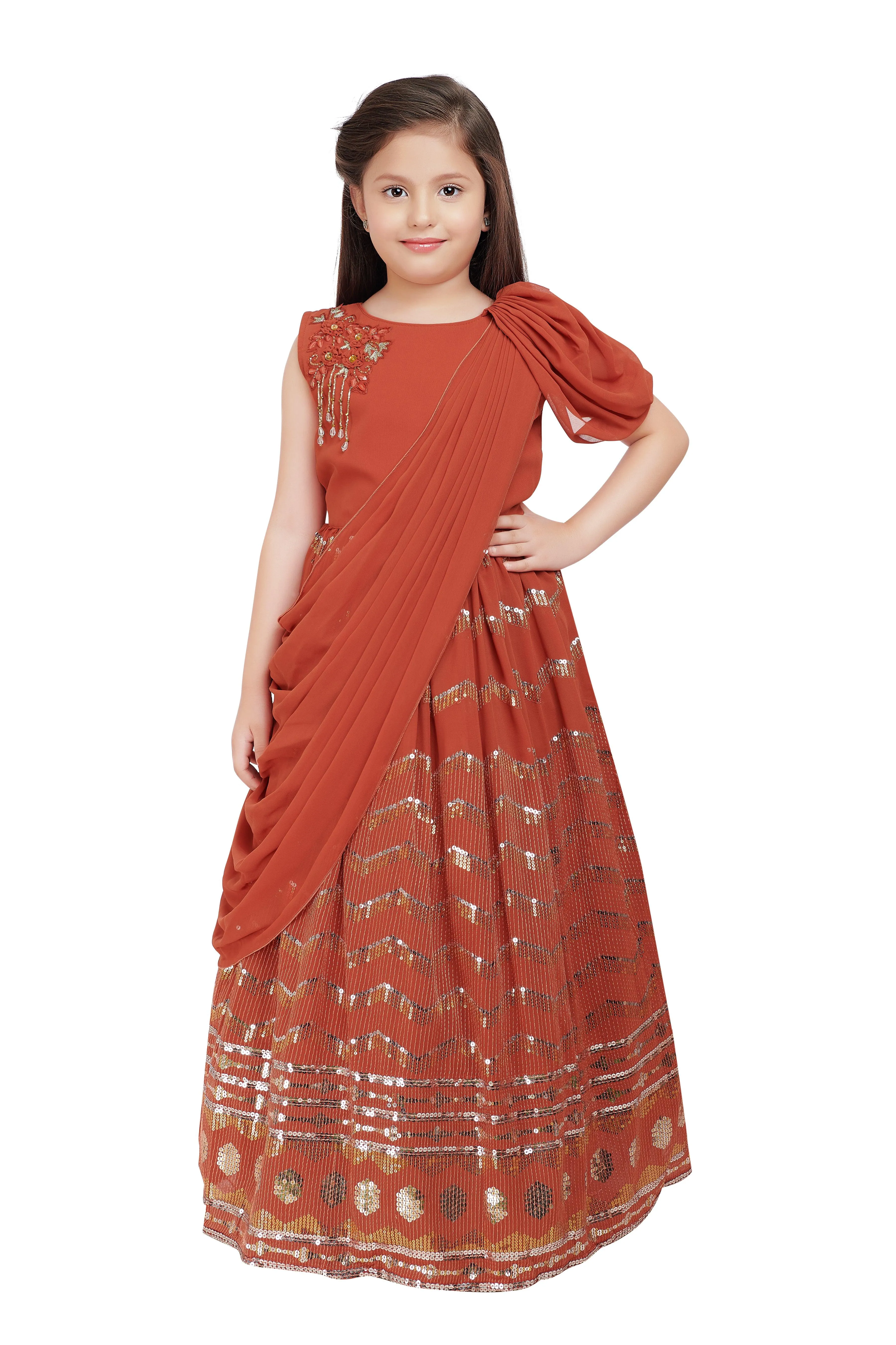 Rust Embellished Georgette With Saree Style Dupatta Attached Gown For Girls