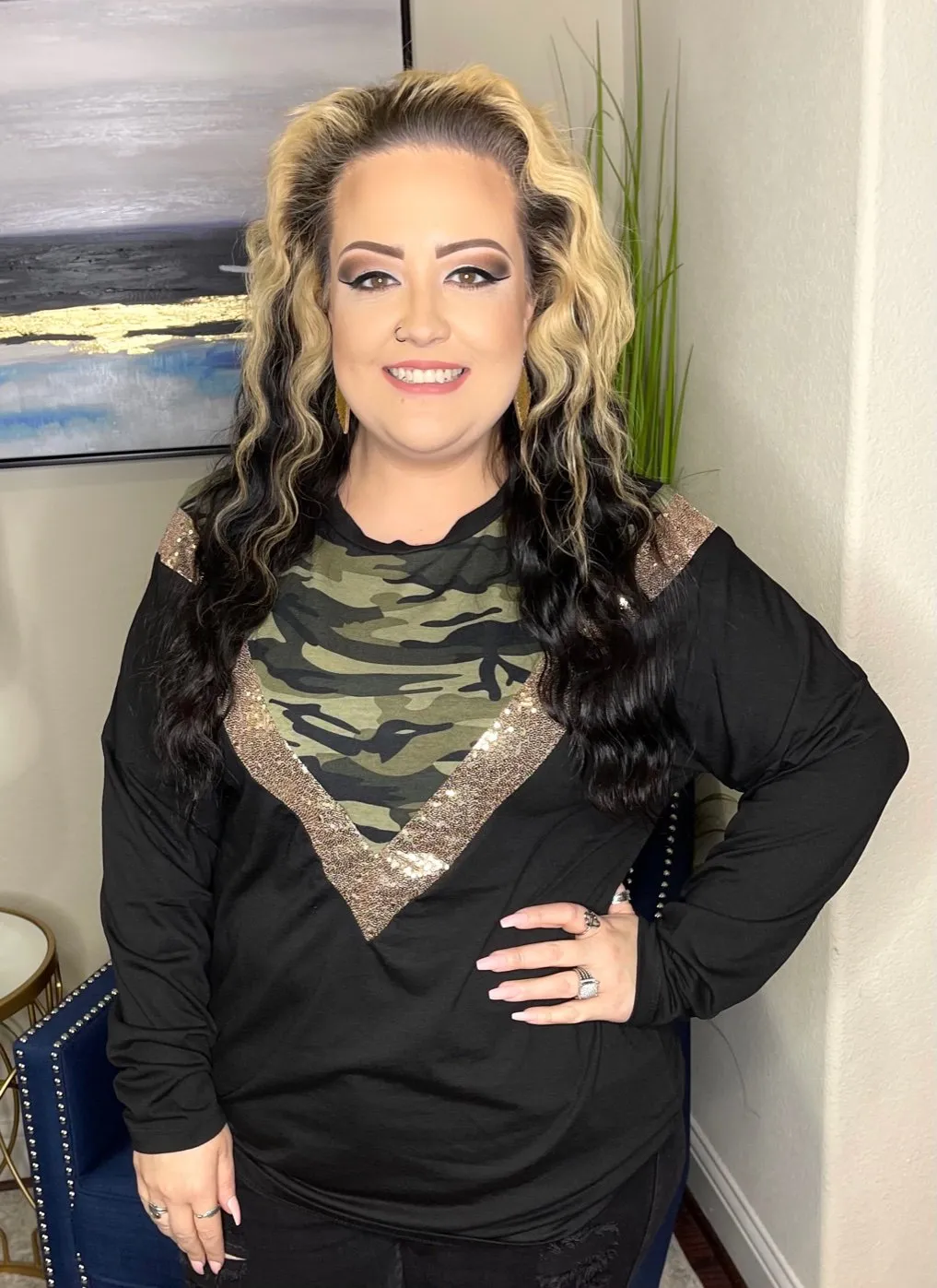 S, L, XL, XXL : Black Long Sleeve Top with Camo & Sequin V-Neck