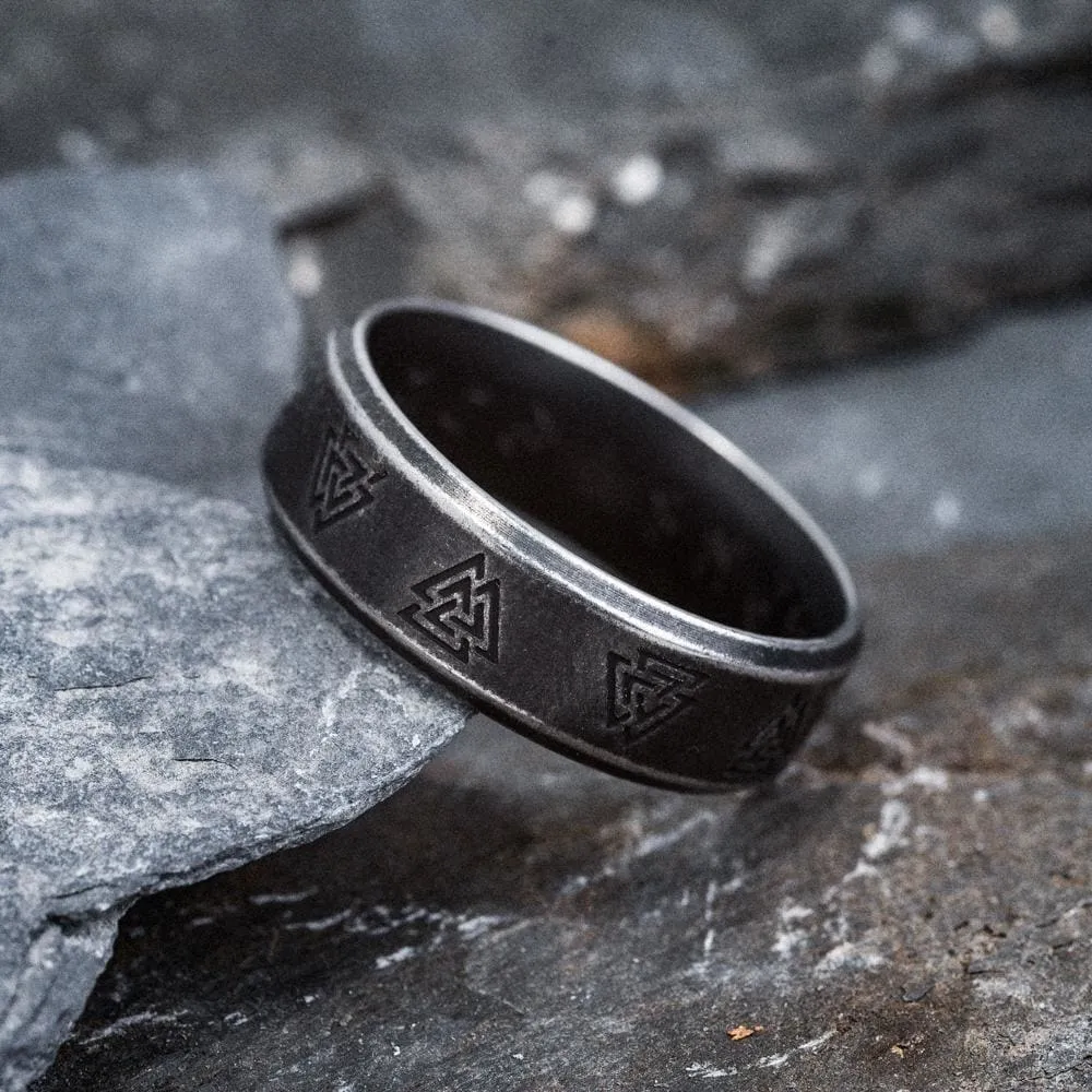 Stainless Steel Aged Valknut and Rune Ring