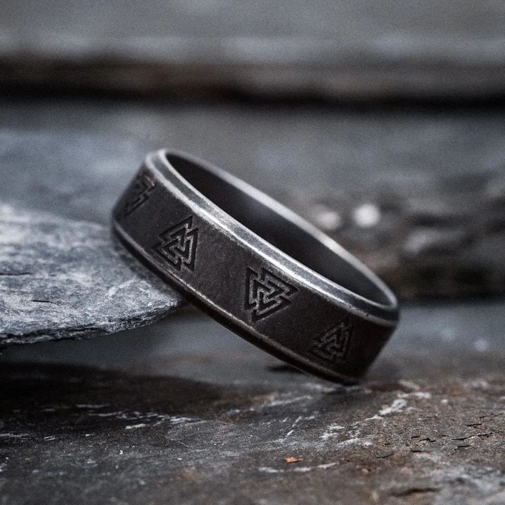 Stainless Steel Aged Valknut and Rune Ring