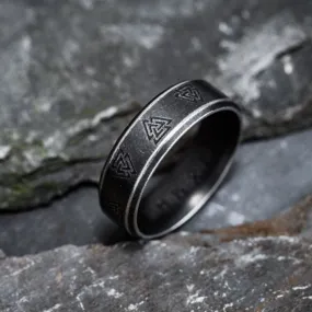 Stainless Steel Aged Valknut and Rune Ring