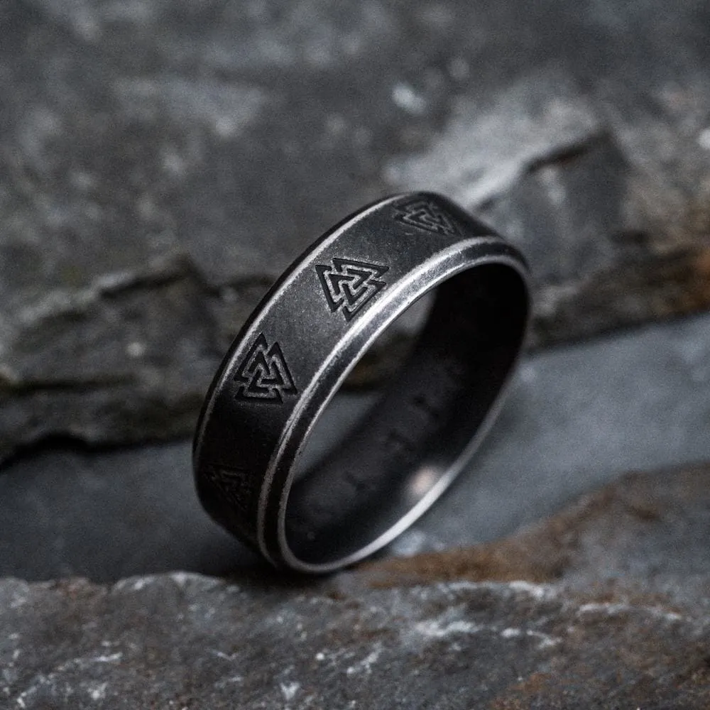 Stainless Steel Aged Valknut and Rune Ring