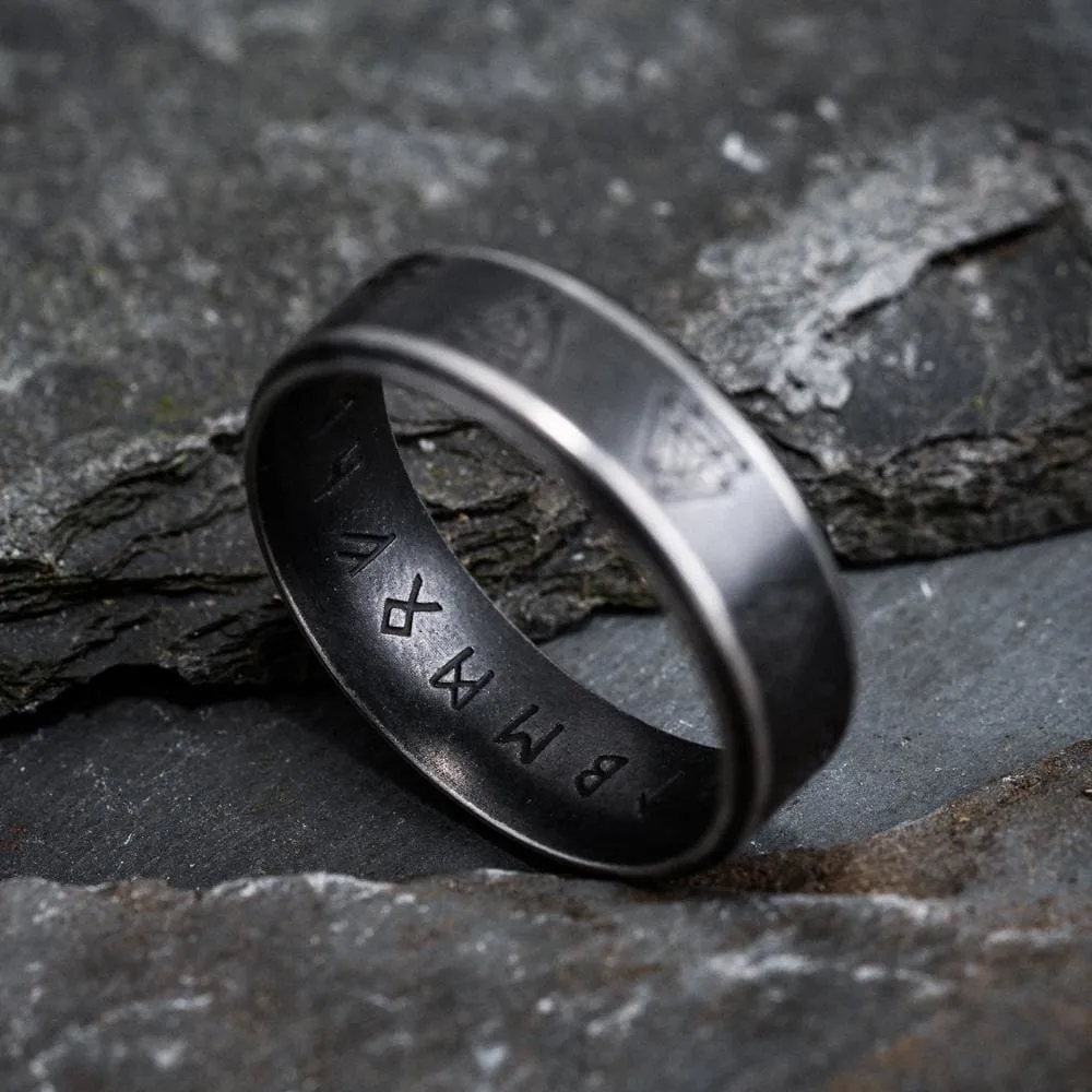 Stainless Steel Aged Valknut and Rune Ring