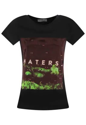 T-shirt donna Icons in cotone nero con stampa in seta