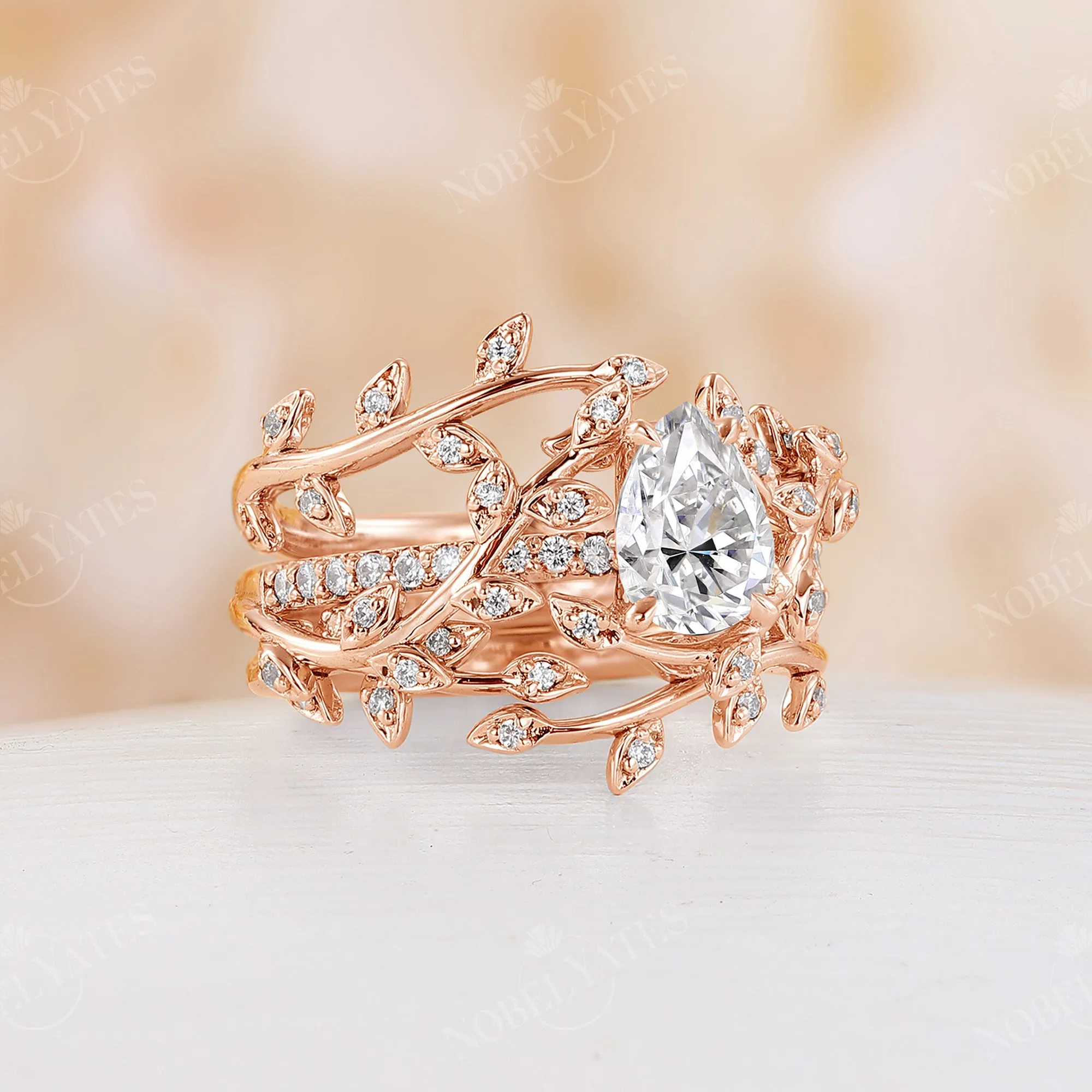 Teardrop Moissanite Nature Inspired Branch Leaf Bridal Set Rose Gold