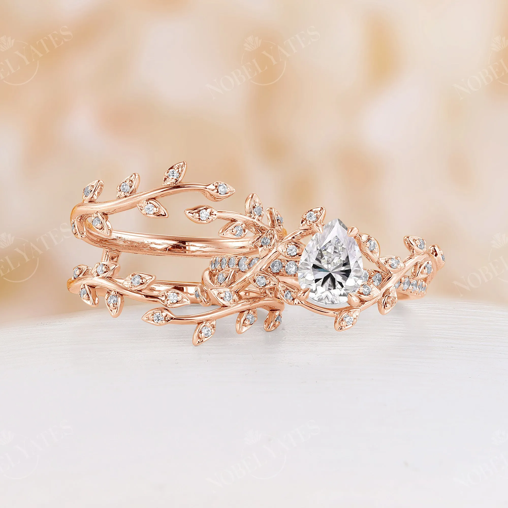 Teardrop Moissanite Nature Inspired Branch Leaf Bridal Set Rose Gold