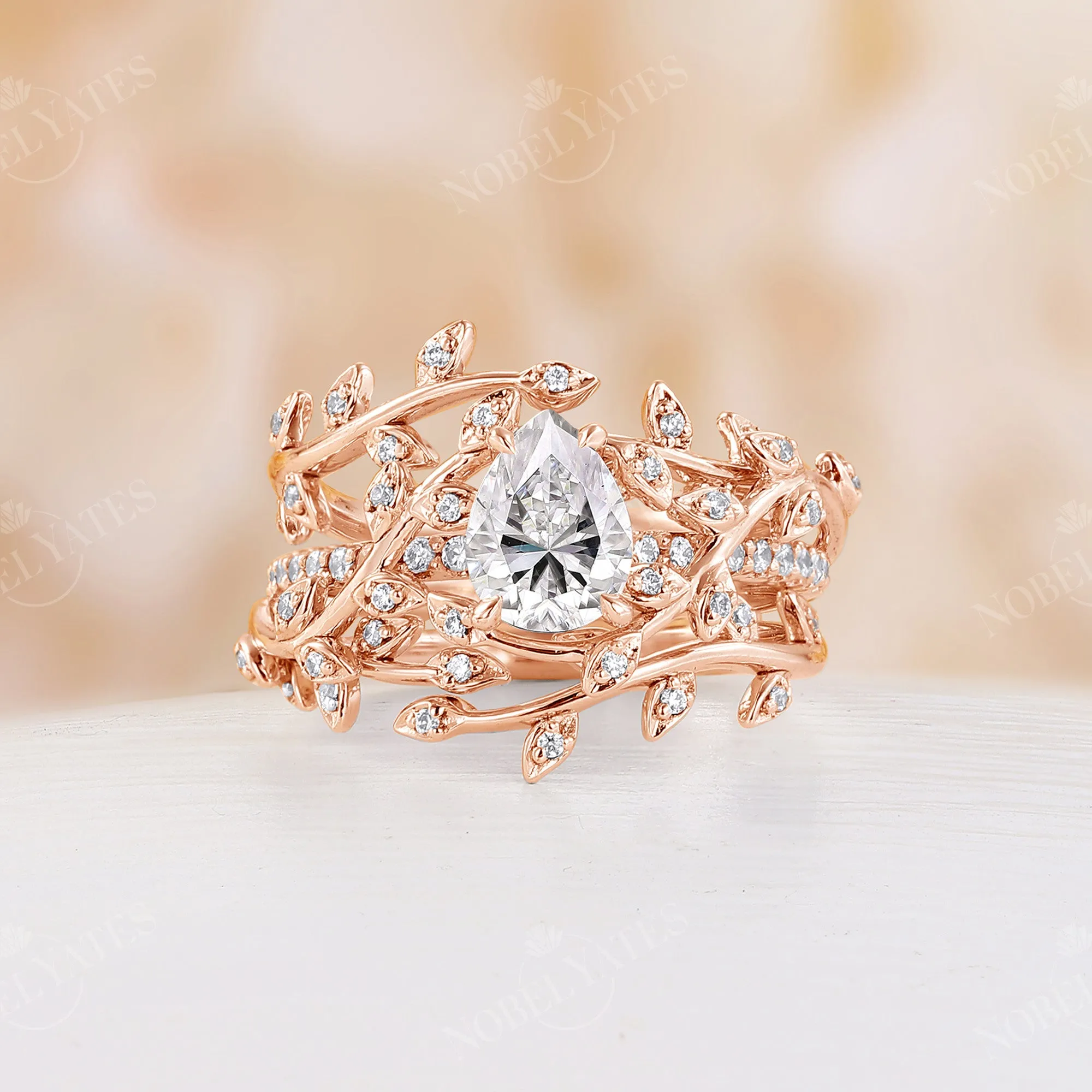 Teardrop Moissanite Nature Inspired Branch Leaf Bridal Set Rose Gold