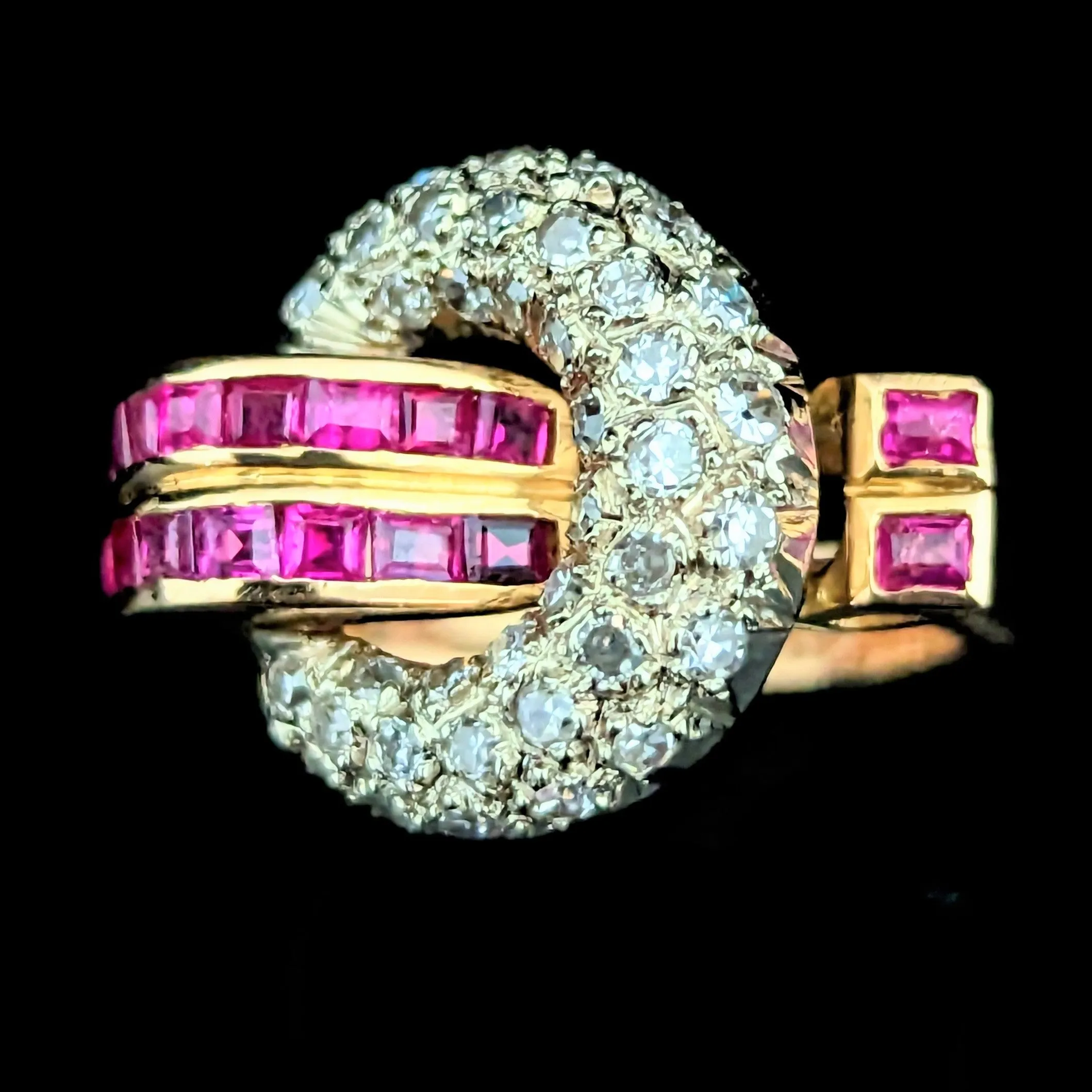 The Lansing - Retro Era Diamond Ruby 18k Gold Cocktail Ring c.1939