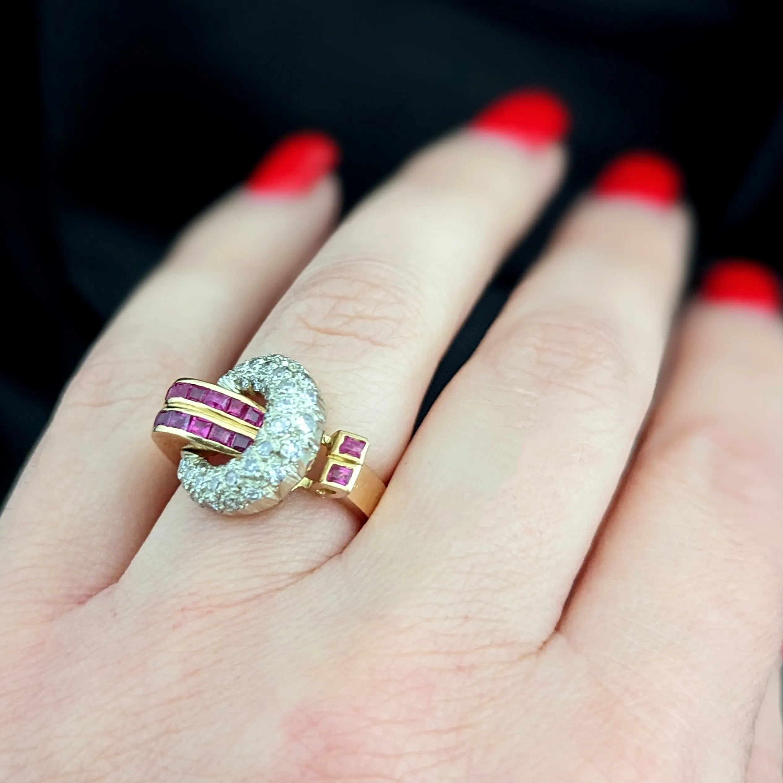 The Lansing - Retro Era Diamond Ruby 18k Gold Cocktail Ring c.1939