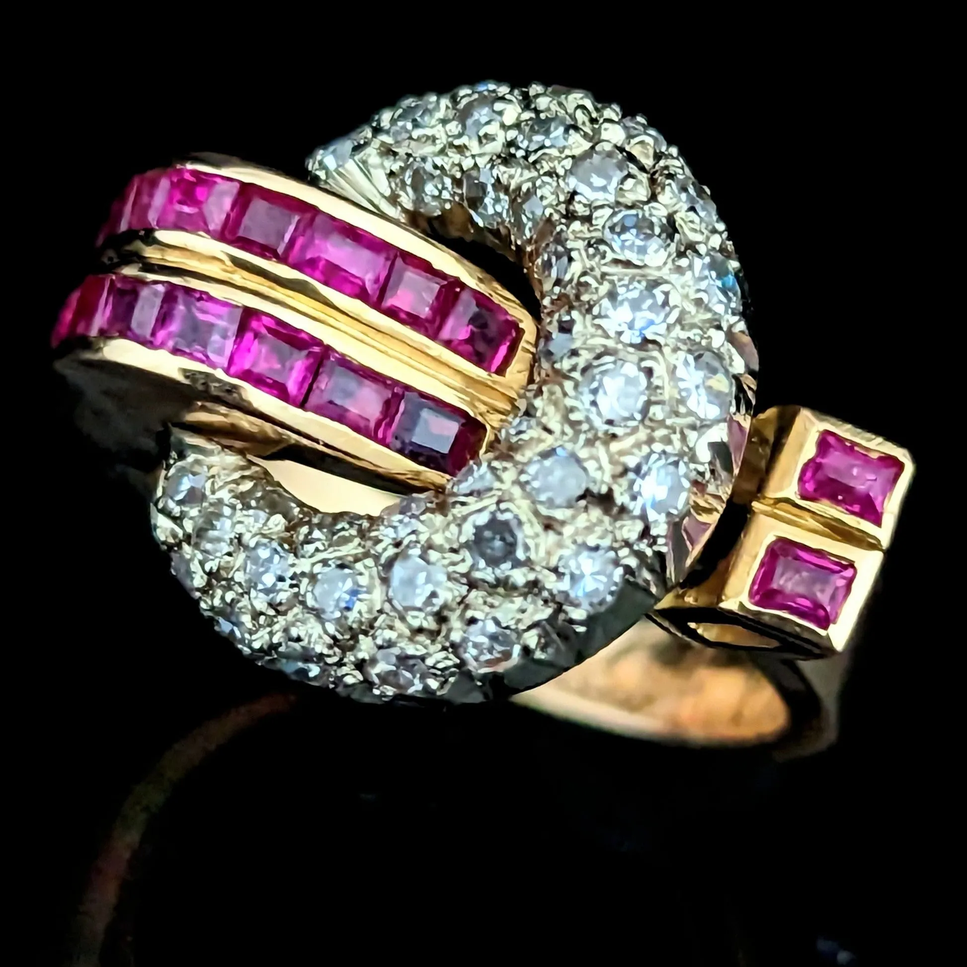 The Lansing - Retro Era Diamond Ruby 18k Gold Cocktail Ring c.1939