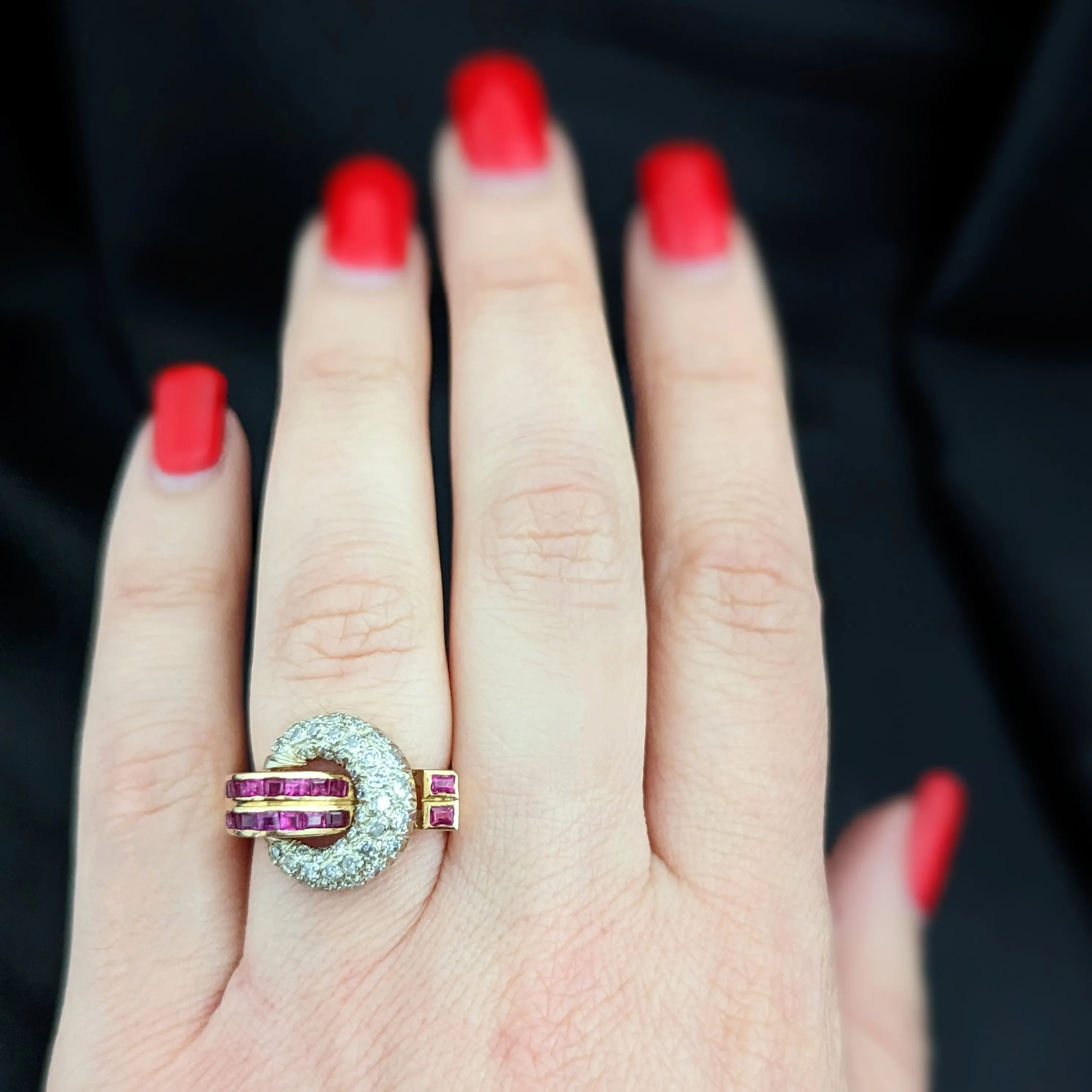 The Lansing - Retro Era Diamond Ruby 18k Gold Cocktail Ring c.1939