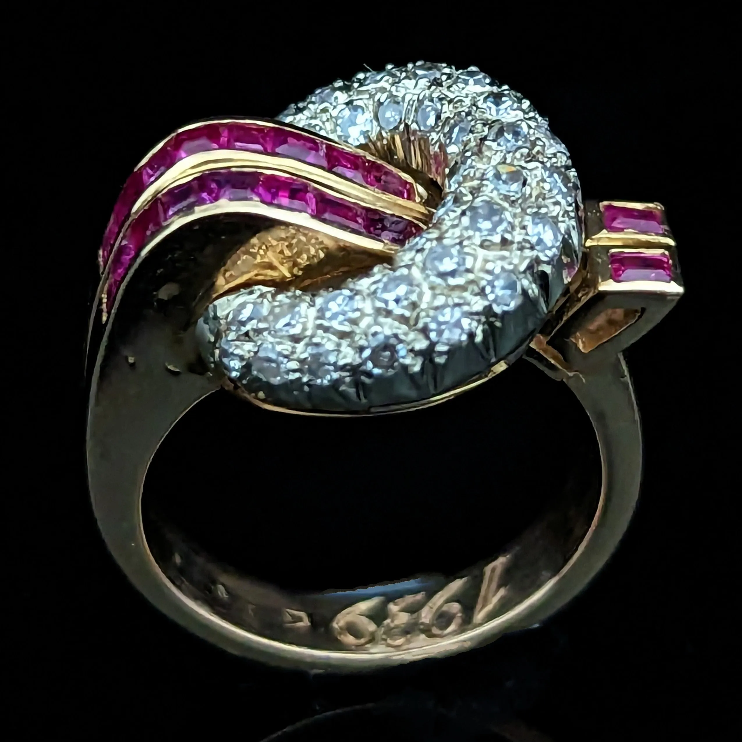 The Lansing - Retro Era Diamond Ruby 18k Gold Cocktail Ring c.1939