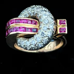 The Lansing - Retro Era Diamond Ruby 18k Gold Cocktail Ring c.1939