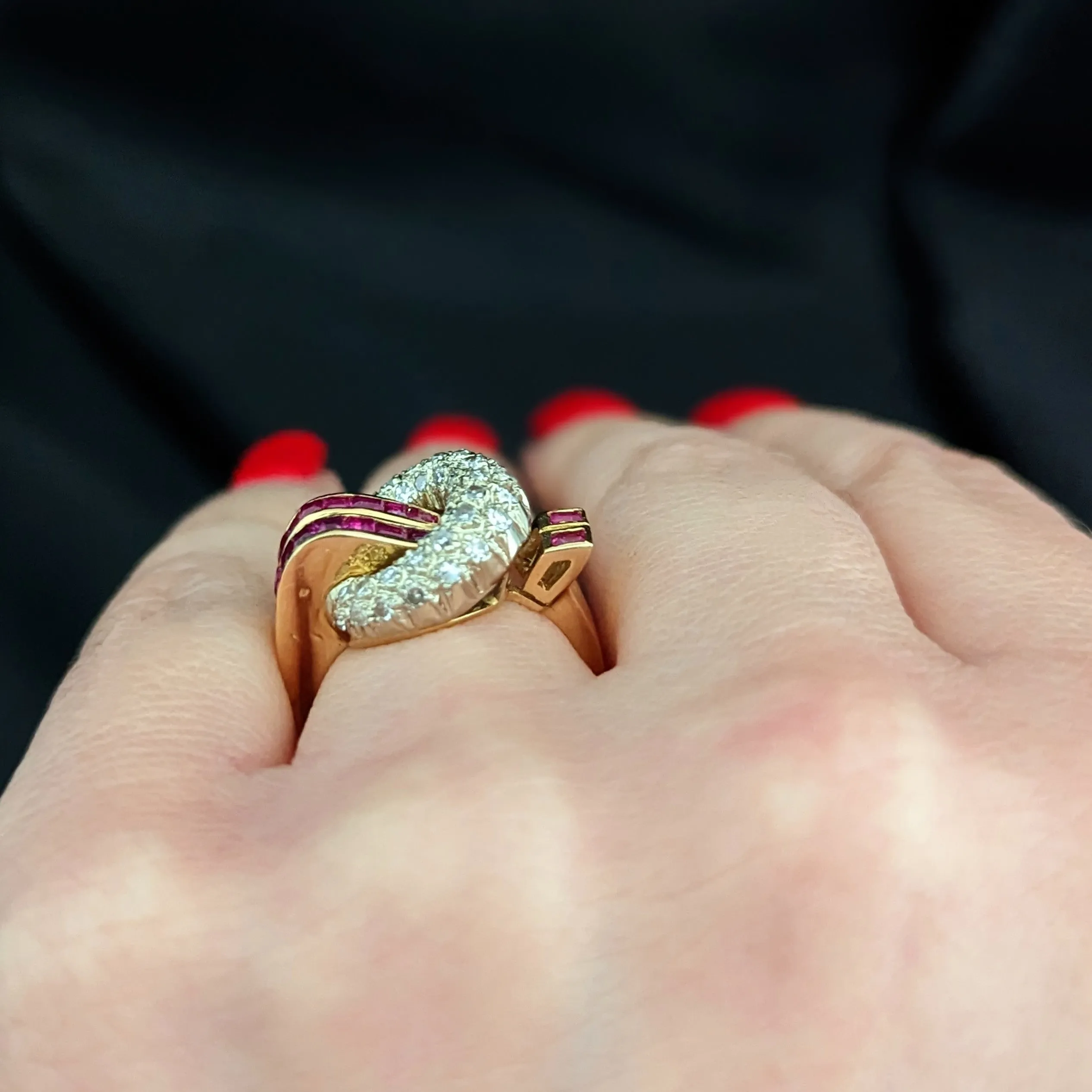 The Lansing - Retro Era Diamond Ruby 18k Gold Cocktail Ring c.1939