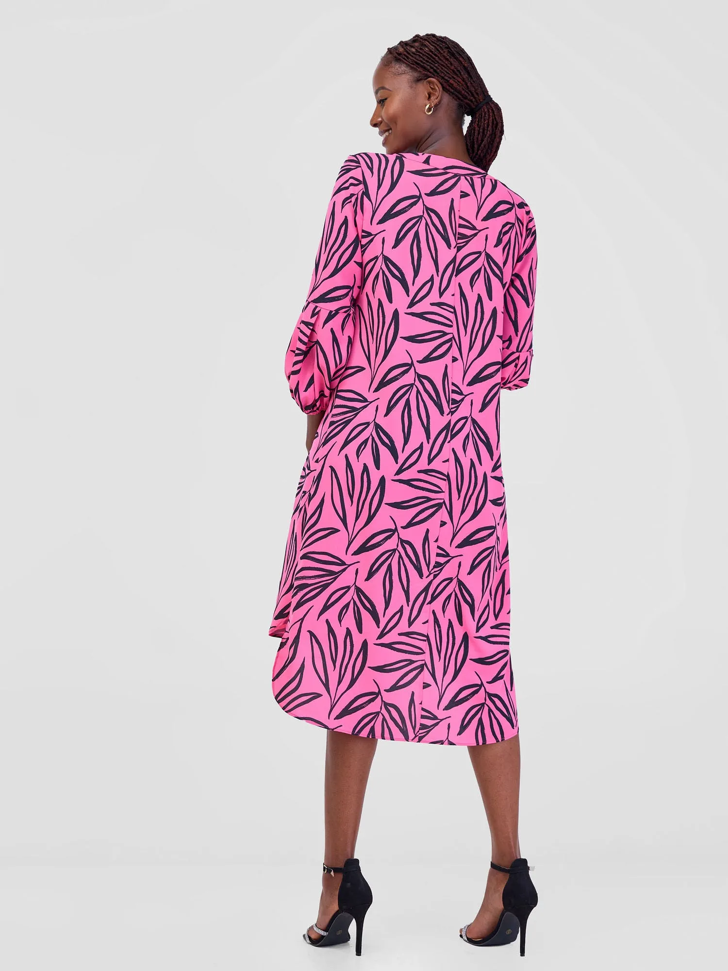 Vivo Imali Bishop Sleeve High Low Knee Length Dress - Pink / Black Kasai Print