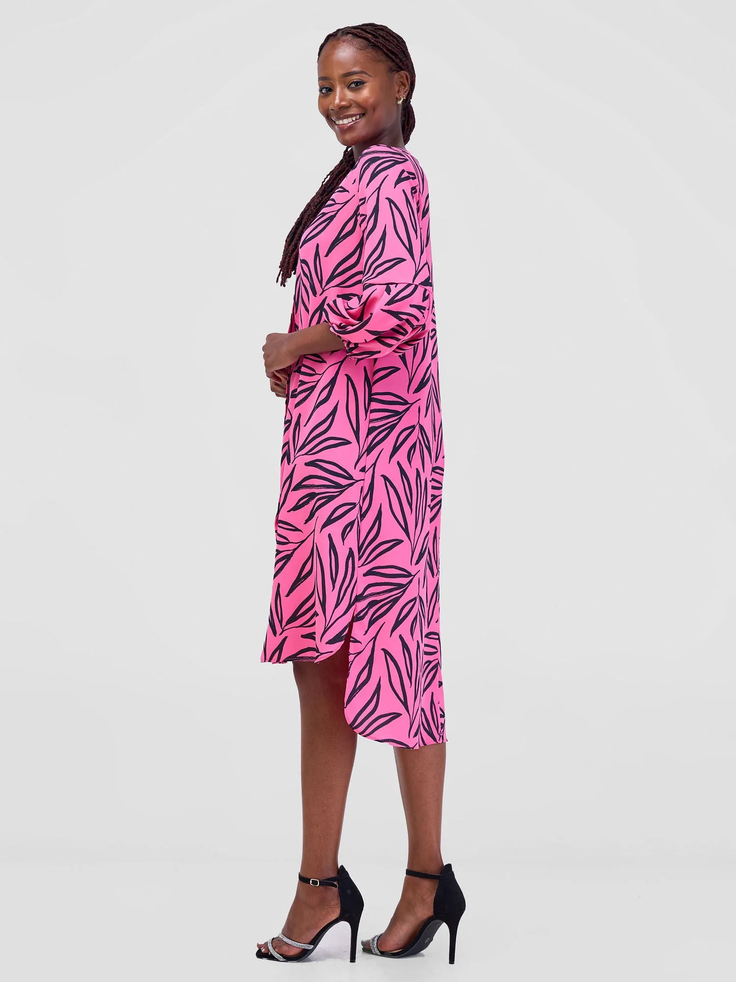 Vivo Imali Bishop Sleeve High Low Knee Length Dress - Pink / Black Kasai Print