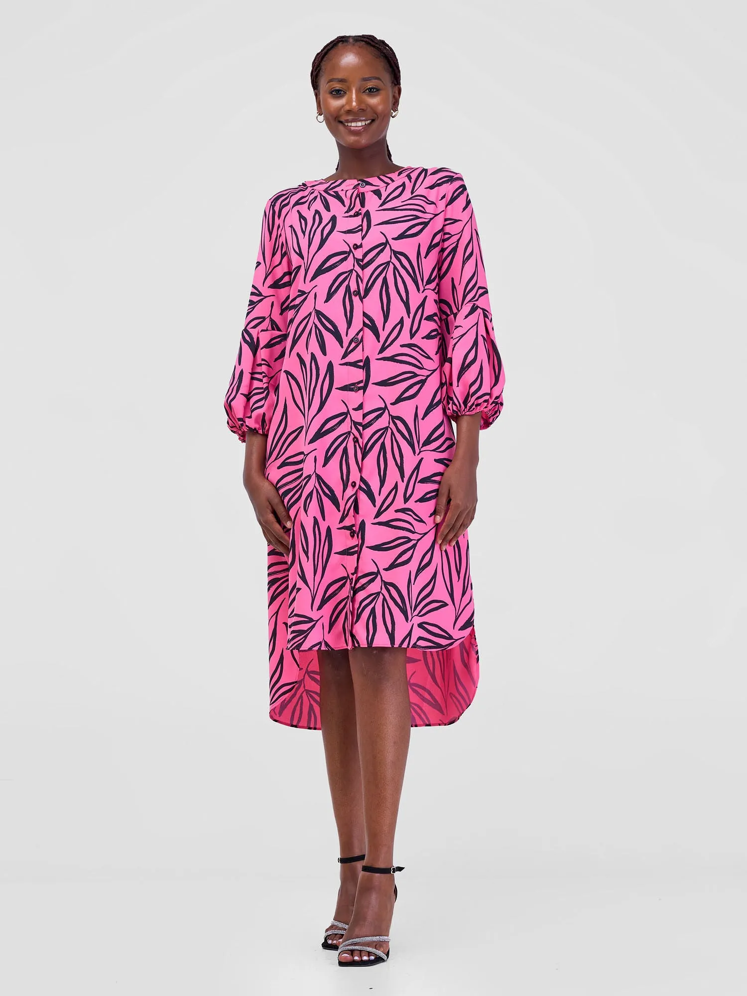 Vivo Imali Bishop Sleeve High Low Knee Length Dress - Pink / Black Kasai Print